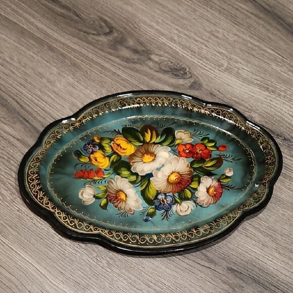 Heavy PAINTED Bright Floral Perfume/Jewelry Accessory Decoration Scalloped Tray - Picture 1 of 4